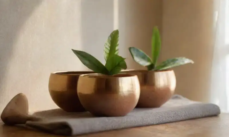 Un ambiente sereno se crea con luz dorada y sombras suaves, decoraciones artesanales, plantas verdes, velas parpadeantes y aromas cálidos