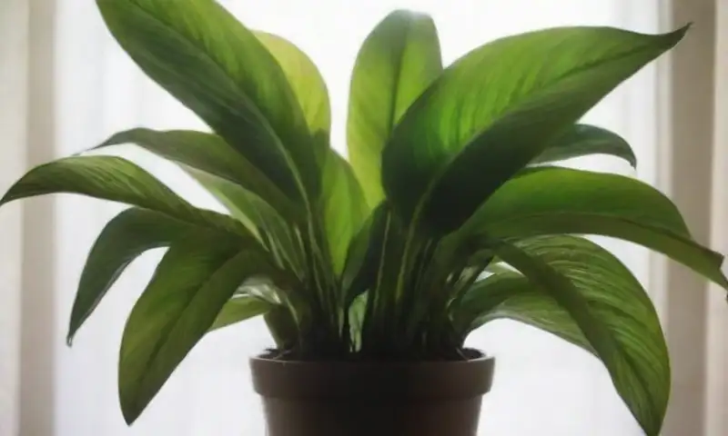 Una planta de Spathiphyllum con hojas verdes brillantes y sanas