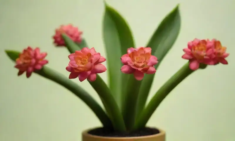 La planta de jade presenta hojas carnosas y verdes, con un brillo que refleja la luz, y flores rosadas en un fondo vibrante