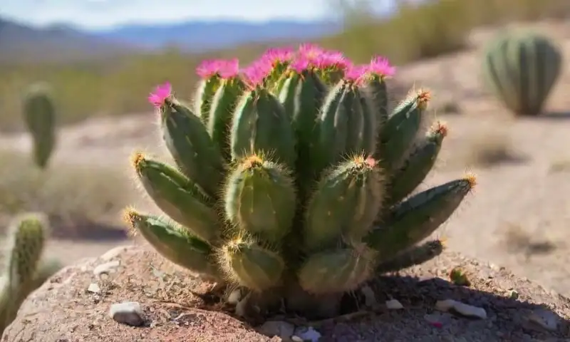 Un jardín vibrante de suculentas y cactus de diversas formas y colores brilla bajo la luz del sol
