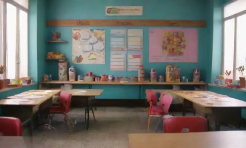 Una escena de aula colorida iluminada por el sol, con escritorios ordenados, un cartel vibrante sobre tipos de residuos y niños curiosos interactuando con materiales reciclables