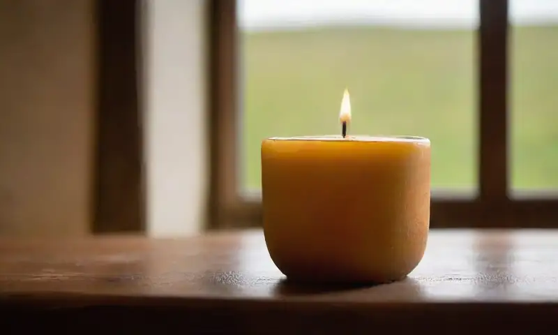 Una vela amarilla resplandece sobre una mesa de madera rústica