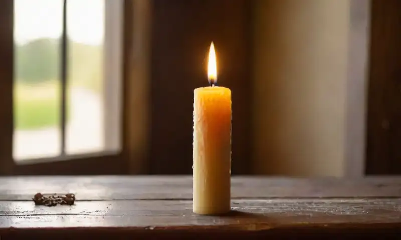 Una vela amarilla parpadeante sobre una mesa de madera rústica crea una atmósfera cálida y serena