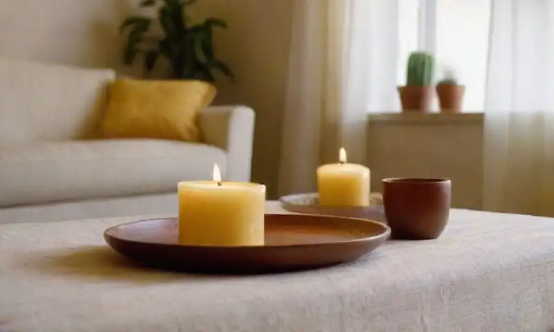Una acogedora sala iluminada suavemente, decorada con tonos tierra y plantas, que irradia serenidad y positividad