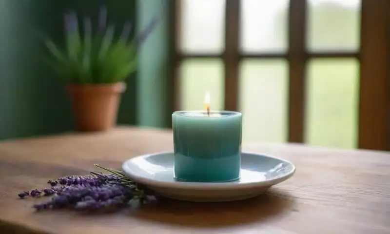Una vela azul suave emite una luz serena rodeada de humo y lavanda, creando un ambiente de tranquilidad