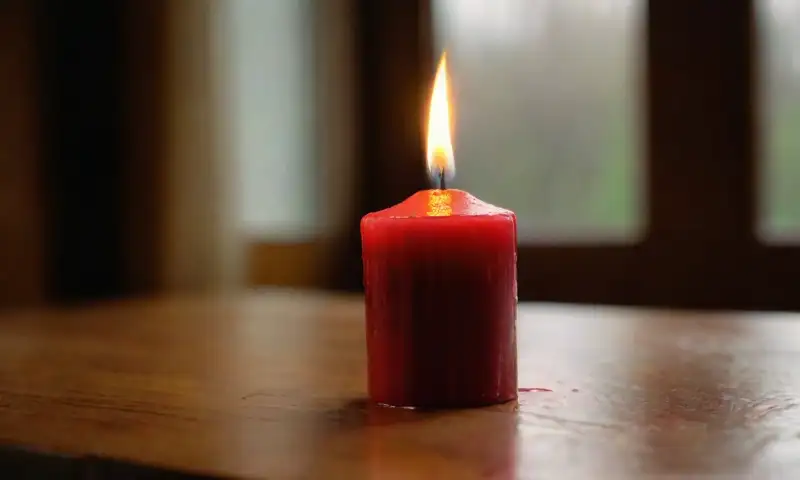 Una vela roja vibrante emite una cálida luz dorada en un ambiente sereno y acogedor