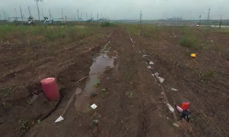 Un vertedero abarrotado muestra la lucha entre basura y naturaleza, con residuos coloridos, desechos electrónicos, graffiti, aves, flores silvestres y un árbol solitario en medio de la contaminación