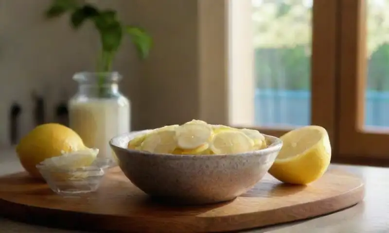 Una encimera de cocina con acabado de madera brillante, luz del sol filtrándose y una disposición ordenada de ingredientes y utensilios