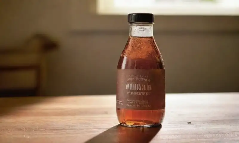 Una botella de vinagre en una mesa rústica refleja luz