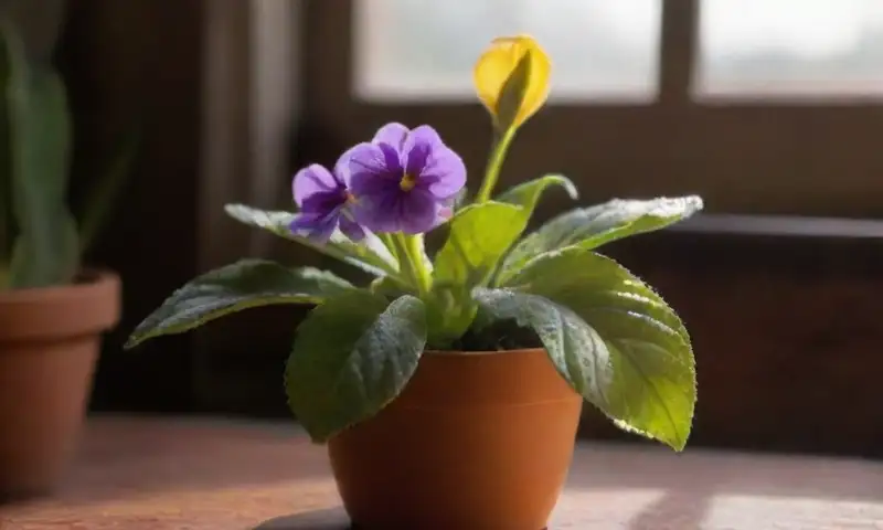 La luz suave entra por la ventana iluminando hojas verdes de violetas africanas en una maceta de terracota, con pétalos morados y detalles de plagas pequeñas