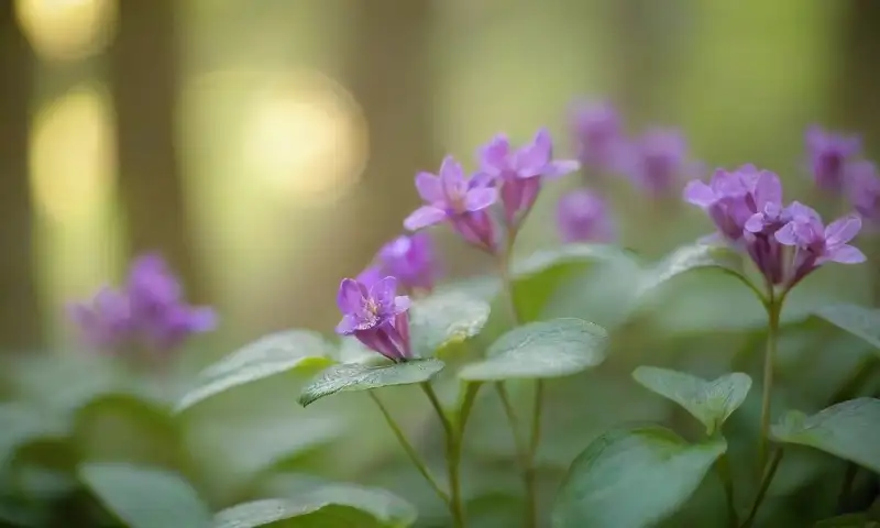 Hojas violetas brillantes rodeadas de flores de tonos púrpuras