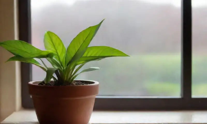Una Zamioculca verde vibrante en una maceta de cerámica con suelo oscuro muestra hojas brillantes y algunas amarillentas, rodeada de un ambiente cálido y otros plantas desenfocadas