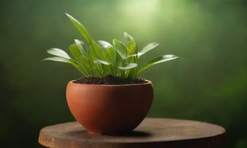Una planta Zamioculca de hojas verdes brillantes y robustas se destaca en un ambiente cálido y natural, con luz filtrándose y sombras suaves sobre un macetero de terracota
